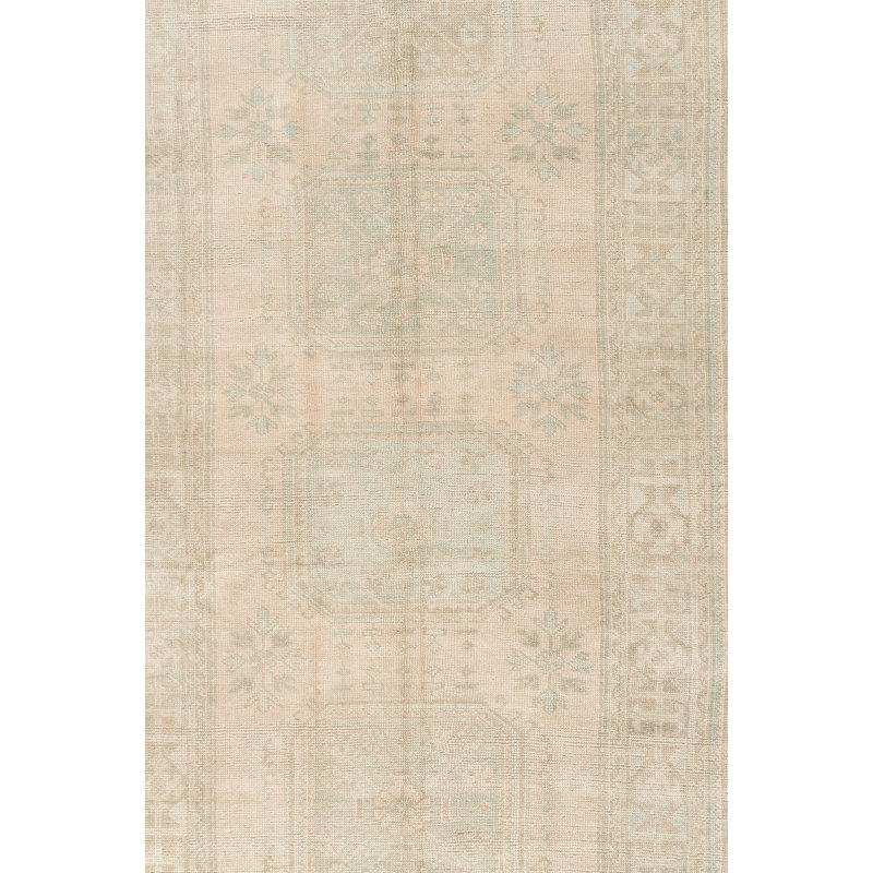 Tapis de couloir unique en laine beige / bleu clair / gris 4 pi 7 po x 11 pi 3 po style années 1940