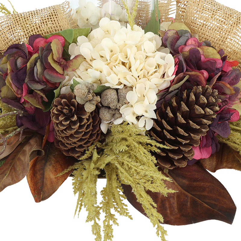 Fall Candleholder Centerpiece with Hydrangeas, Astilbe, and Pinecones, Cream/Brown/Burgundy