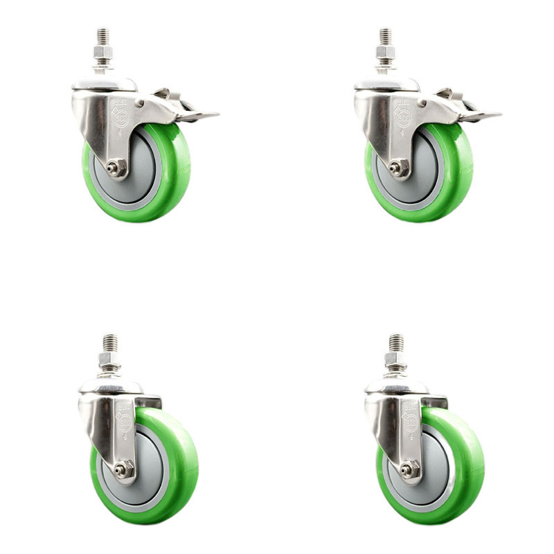 4 Inch 316SS Green Polyurethane 10mm Threaded Stem Caster Set 2 Lock Brake