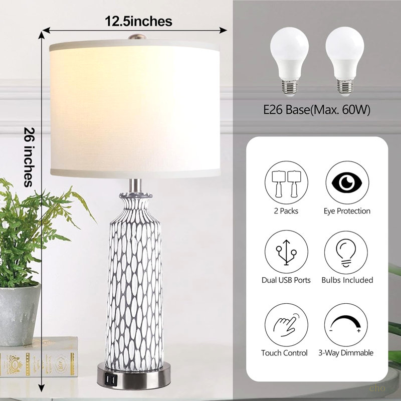 Lampe de table de salon, lampe de chevet de chambre à coucher (ensemble de 2) avec port USB, commande tactile de gradation à 3 voies, lampe de chevet moderne blanc côtier gris avec ampoule DEL 2700K