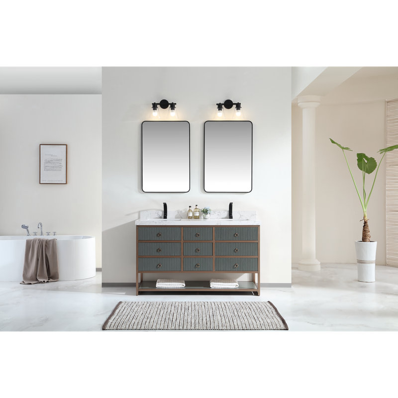 72" Double Vanity With Golden Brush Stainless Steel Frame And Tricorn Black Finish With 2' Thick Black Natual Stone Top, Gray