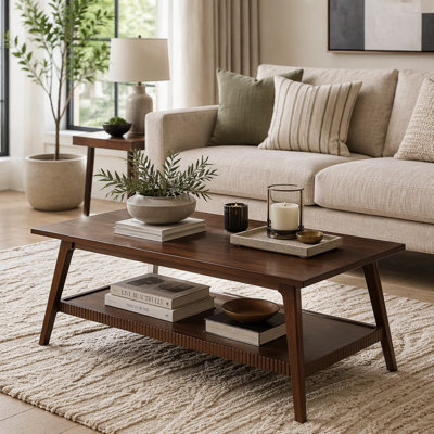 Rectangular Coffee Table with Solid Rubber Wood and 2-Tier Storage