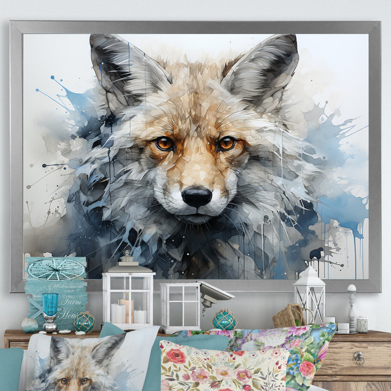 Portrait de renard bleu et blanc, Cadre simple argenté, H 16 po x l 32 po x P 1 po