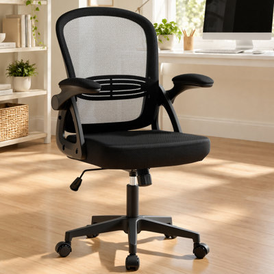 Fauteuil de bureau ergonomique en maille avec soutien lombaire réglable, noir, avec accoudoirs relevables et assise en maille ajourée.