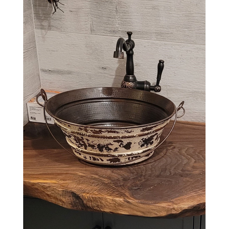 Rustic Copper BUCKET Vessel Sink Distressed White Exterior, Pop-Up Drain Included