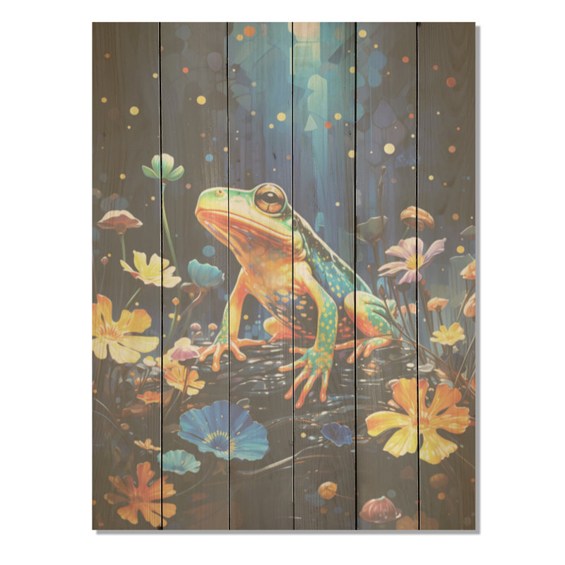 «Orange Frog On Glass Effect I - Frogs & Toads Wood», art mural sur bois de pin naturel, H 32 po x l 24 po
