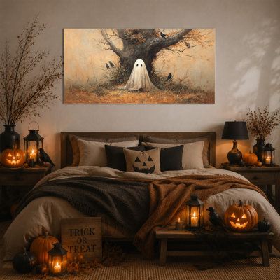 Large Ghost Wall Art Halloween Canvas Wall Art, Vintage Halloween Decor with Cute Ghost and Ravens Under Tree, Ready to Hang Artwork for Living Room Bedroom Bathroom Entryway, 58x28 Inch