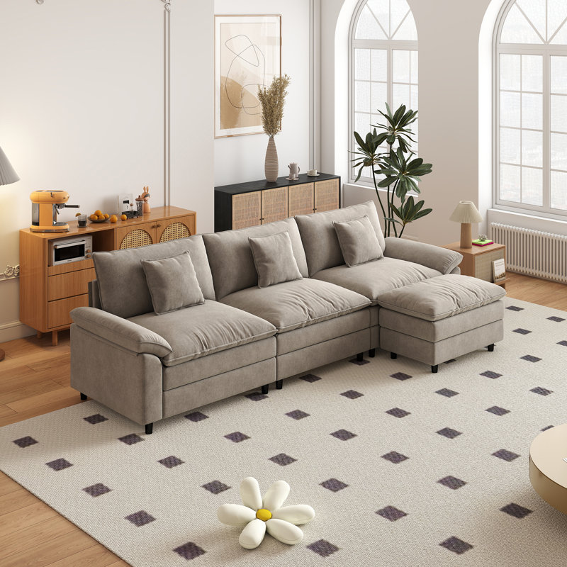 Canapé blanc en chenille trois places avec repose-pieds, Brun
