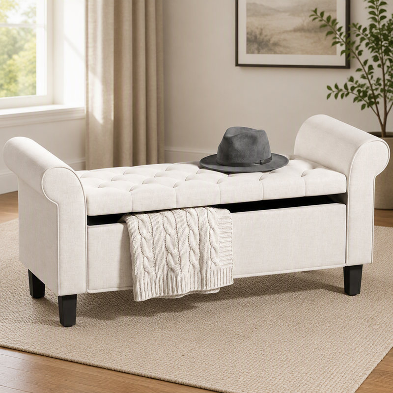 Banc de rangement capitonné avec repose-pieds, Blanc crémeux