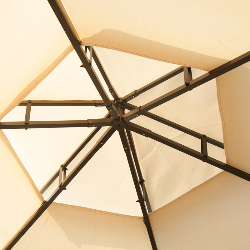 Beige Gazebo For Patio - Double Roof Hexagon Outdoor Shelter With Netting & Curtains, Steel Construction Privacy Curtains Canopy Netting, Frame,