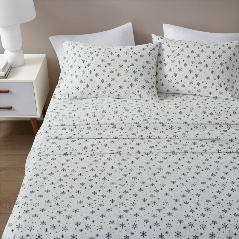Ensemble de draps 4 pièces 100% coton, 4 flocons de neige noirs, Ensemble de draps pour grand lit avec 2 taies d'or