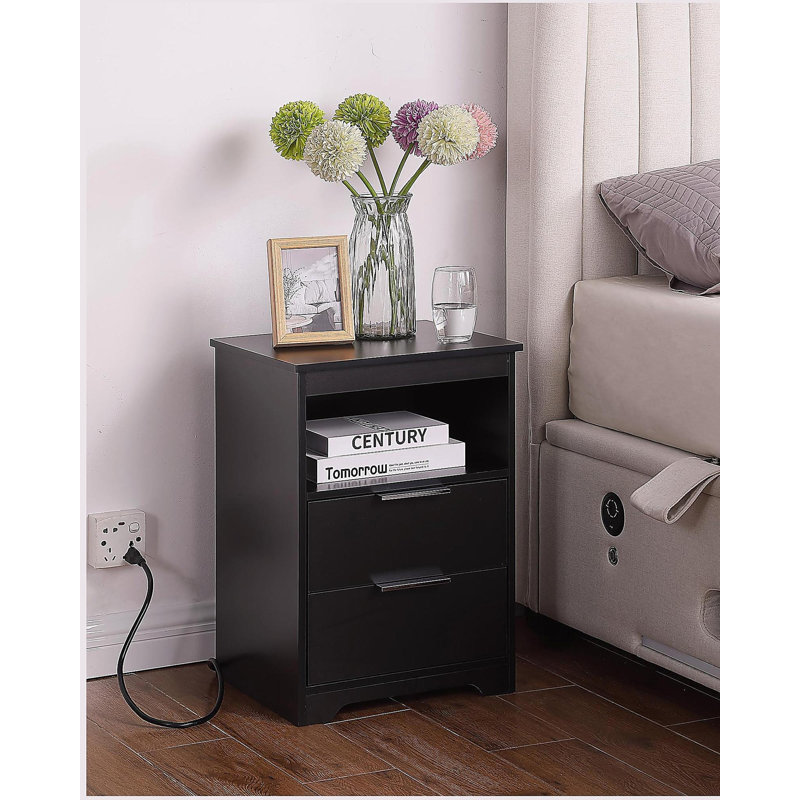 Nightstand with Charging Station,End Table with 2 Drawers,Wooden End Table with Drawer and Opening Shelf, Black