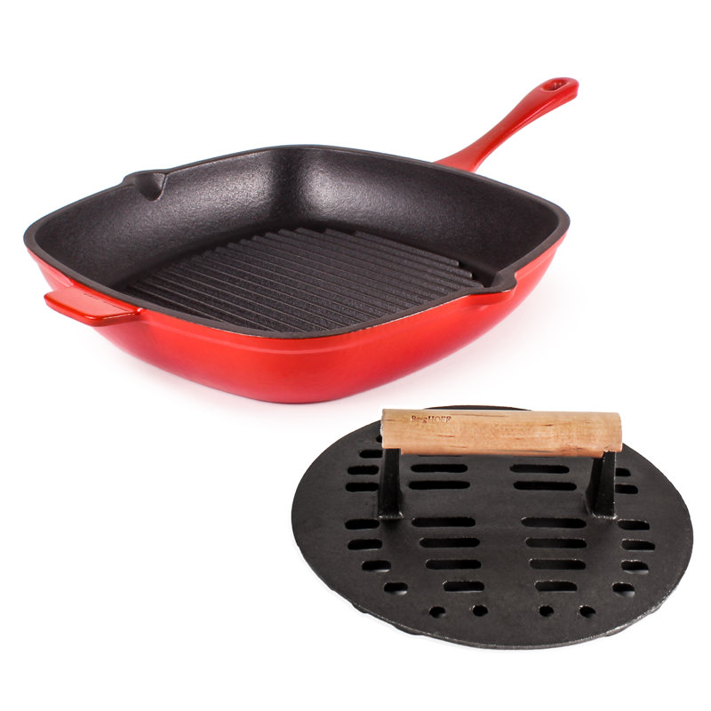 Ensemble en fonte 2 pièces Streetman: poêle à griller 11 po avec presse à steak fendu, rouge