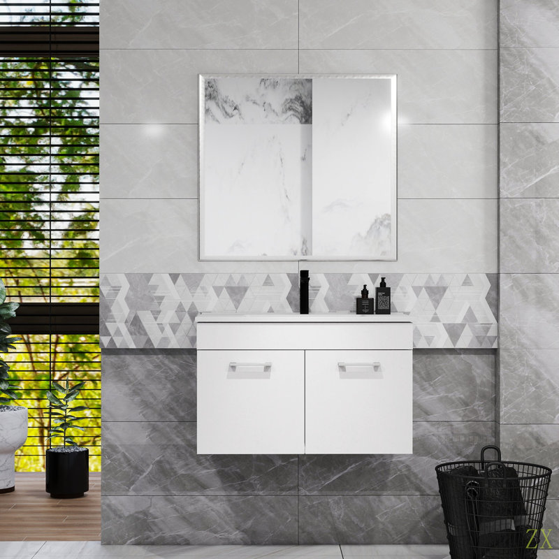 Meuble-lavabo 32 po avec lavabo et miroir, meuble-lavabo mural avec portes doubles, cadre en aluminium, charnières à fermeture douce, longues poignées en métal, lavabo en céramique