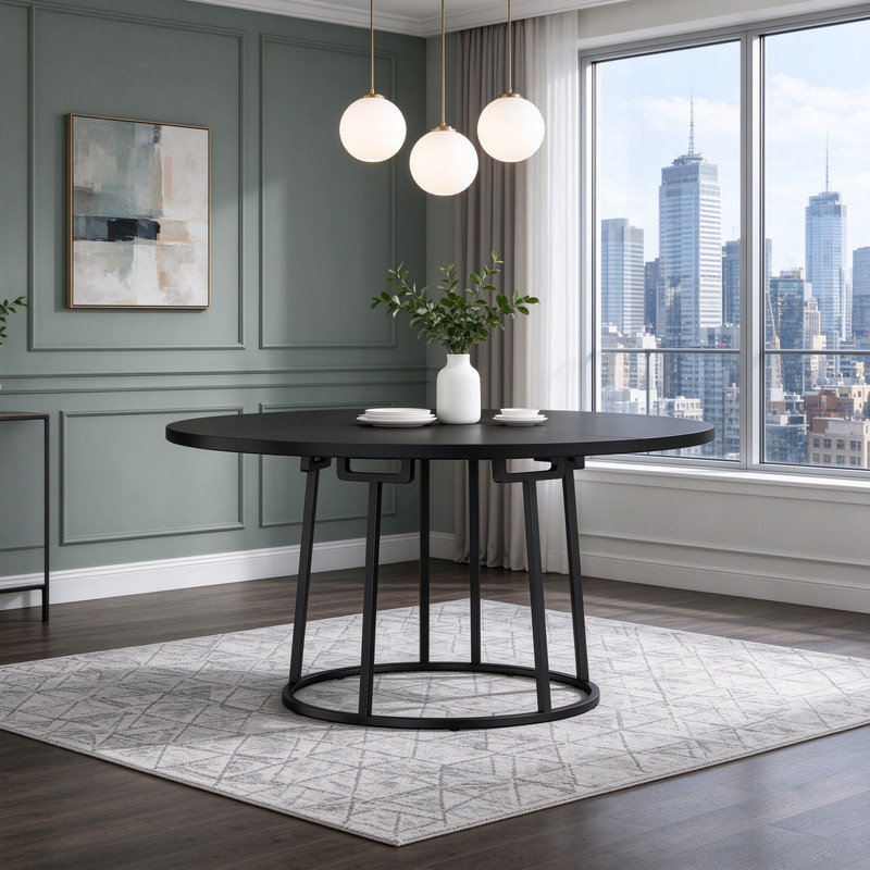 Black Round Dining Table, 120cm Space-Saving Kitchen Table with Spliced Tabletop & Conical Metal Pedestal Base