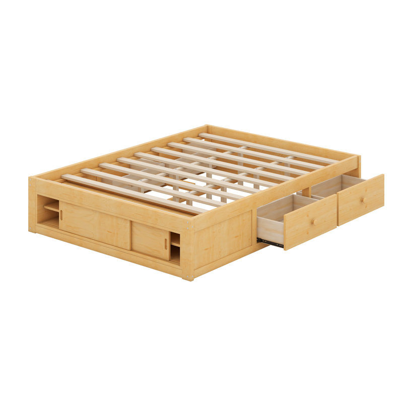 Structure de lit plateforme grand format avec 4 tiroirs sous le lit et un casier de rangement au pied de lit, conception moderne sans tête de lit