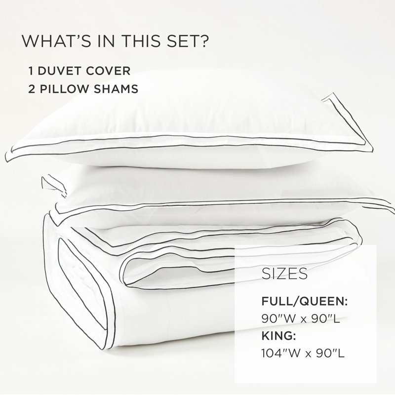 Hampton Double Flange Embroidered Contrast Edge Duvet Cover 3 Pieces Set, White, Queen Duvet Cover + 2 Standard Shams