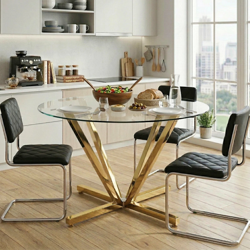 45.3" Round Tempered Glass Dining Table with Radial Metal Base, Gold, Gold