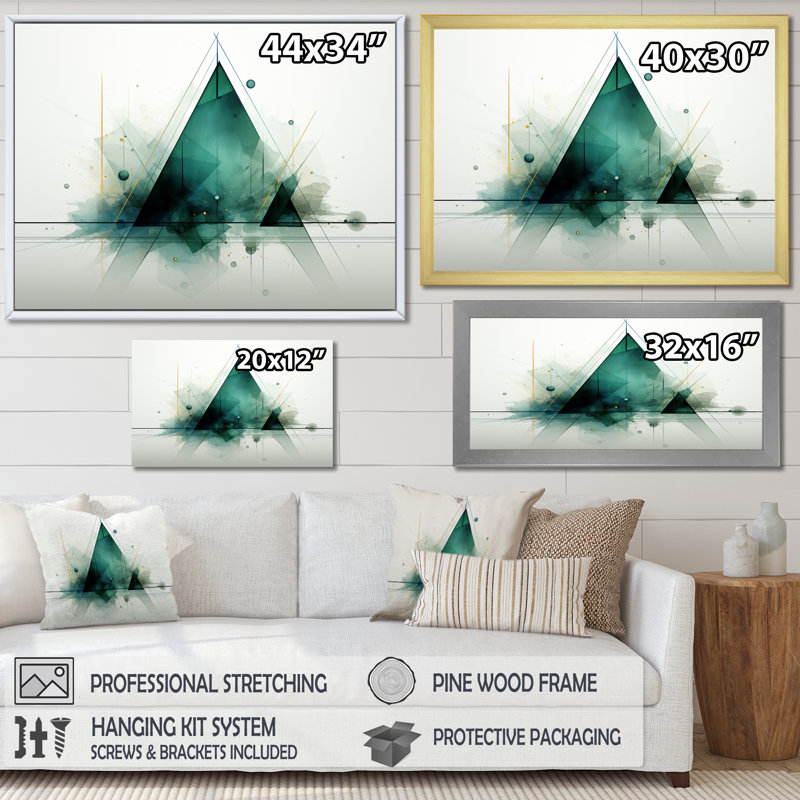 «Green Abstract Echoes Of Piramid V», art mural géométrique, Toile tendue, H 34 po x l 44 po x P 1,5 po