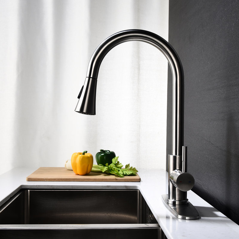 Brushed Nickel Kitchen Faucet With Pull Out Spray, Stainless Steel Created, 360 Rotating Nozzle For User- Water Application, Single Handle Control Feature Coated, Materialized, Simple Use, Function