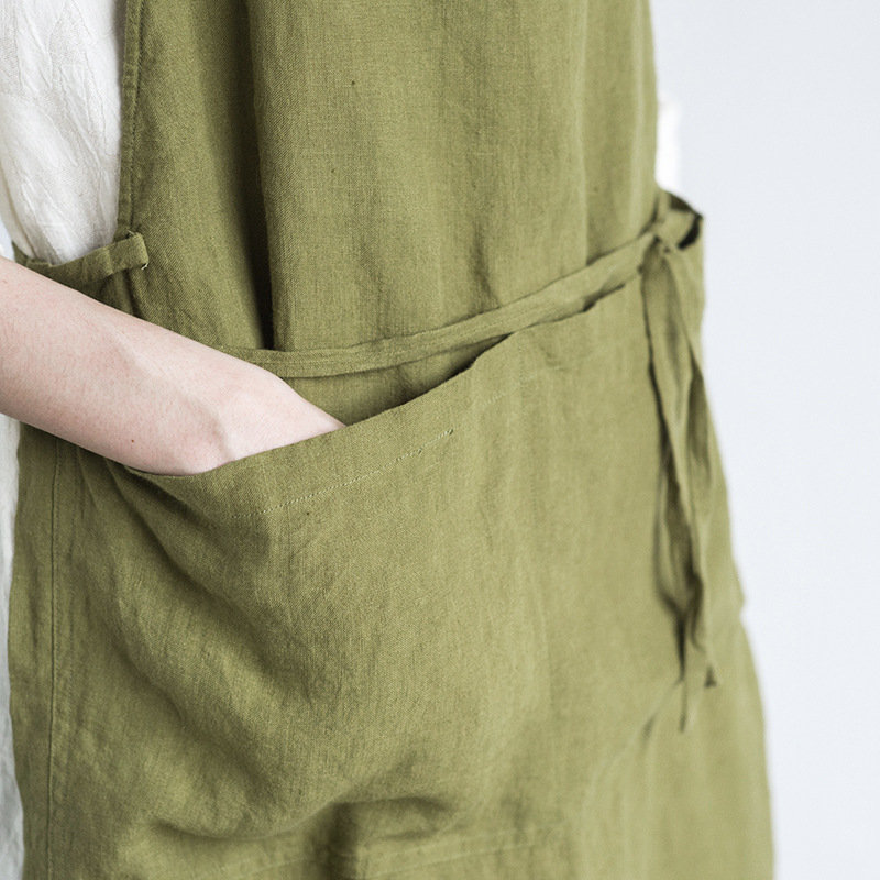 Natural Linen Apron, Basic Kitchen Linen Apron, Full Apron, Green
