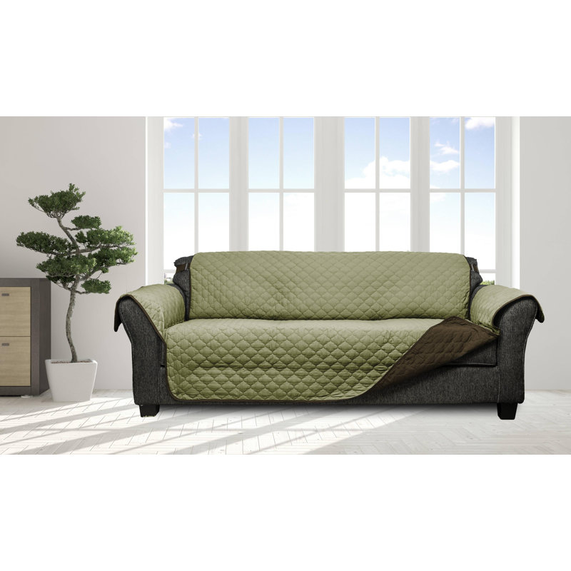 Housse pour canapé à coussins carrés/rectangulaires réversible, Sauge / Chocolat, H 70,5 po x l 110 po x P 23 po
