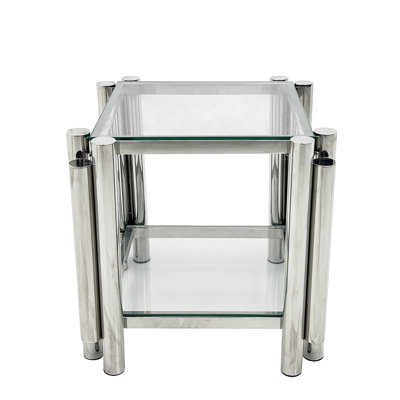Table basse carrée de 20 pouces pour la maison, en acier inoxydable avec verre trempé transparent à deux couches, rangement latéral, design industriel argenté chic moderne