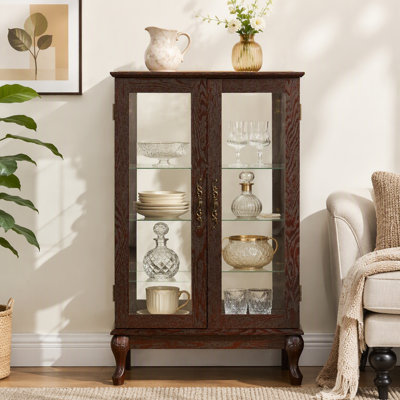 2 Doors Curio Cabinet With Tempered Glass Doors, Curio Cabinets With Mirrored Back Panel And Adjustable Shelves,Ed Display Cabinet For Home, Office Bulb Included