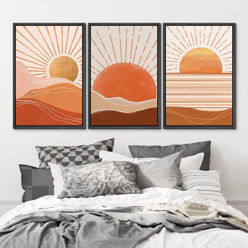 Soleil levant, orange brillant, vallée du désert, 3 pièces, Noir, H 36 po x l 24 po x P 1,5 po