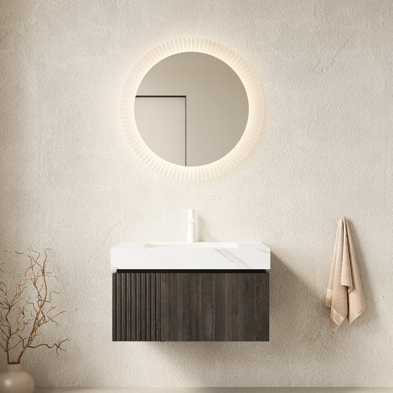 Meuble-lavabo flottant en contreplaqué flottant 30 po, comptoir en pierre frittée blanche, lavabo en céramique, tiroir et porte, rangement spacieux, meuble-lavabo pré-assemblé avec armoire de rangement, grand registre à fermeture en douceur