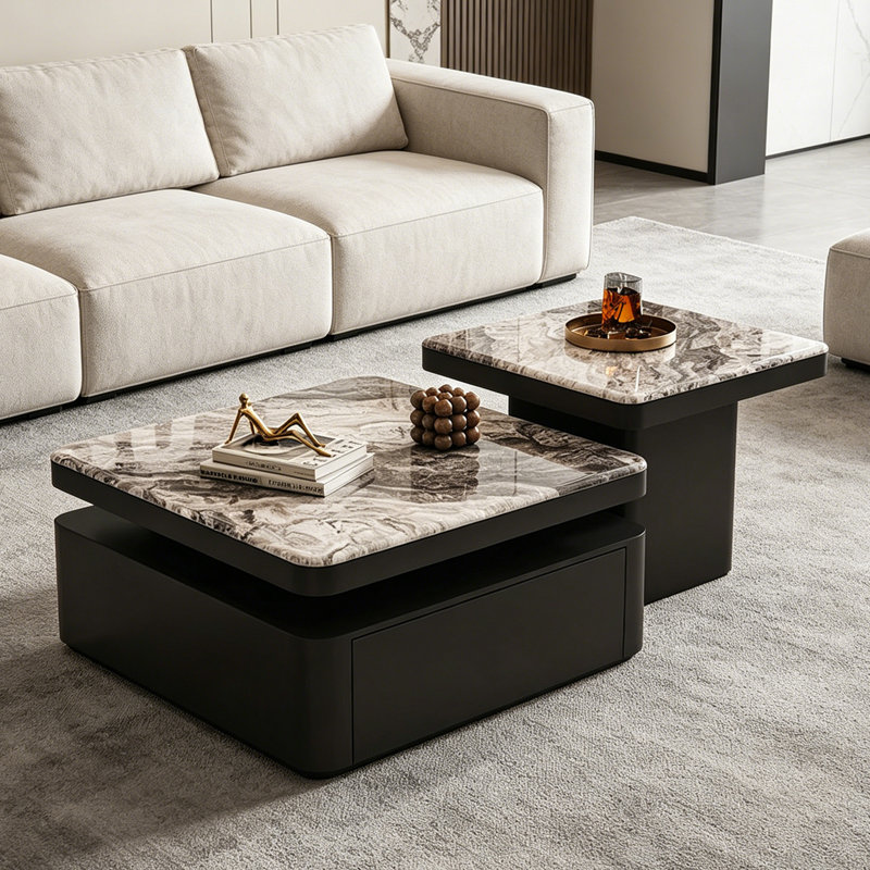 Table basse moderne en pierre micro-cristalline, H 14,6 po x L 31,5 po x l 31,5 po, Blanc / Gris