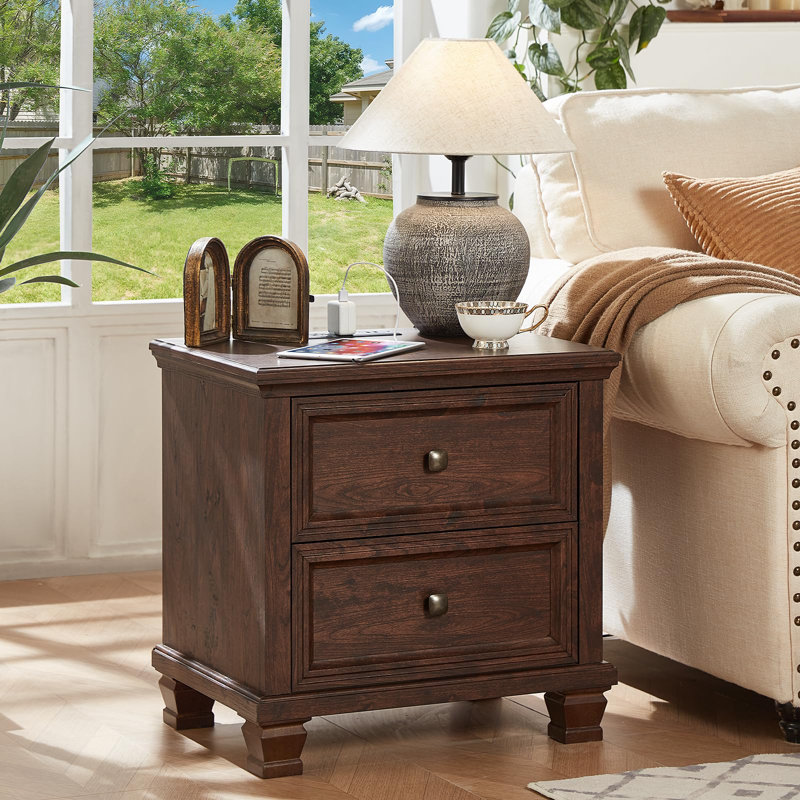 Farmhouse Nightstand with Charging Station, Rustic Low Night Stand with 2 Drawers, Mid-Century Modern End Table with 4 Square Solid Wood Legs, Small Dresser for Bedroom, Home (Walnut)