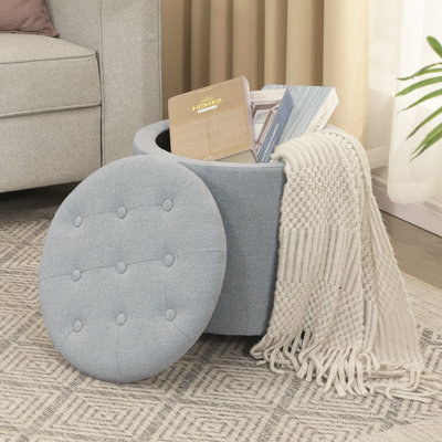 Round Upholstered Storage Ottoman With Tufted Lid And Casters