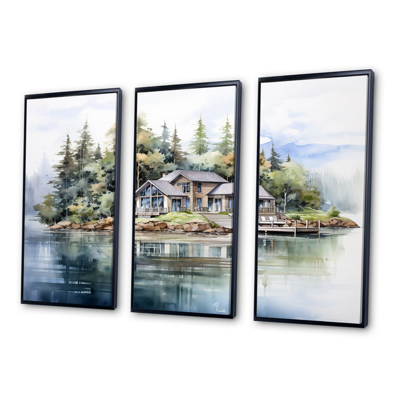 Ensemble d'art sur toile Lake House, Cadre flottant noir, H 32 po x l 48 po x P 1 po