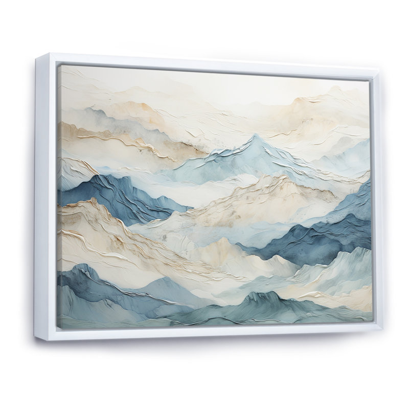 «Minimalisme gris et bleu, brise de montagne - paysage montagneux, reproduction d'art sur toile», Cadre flottant blanc