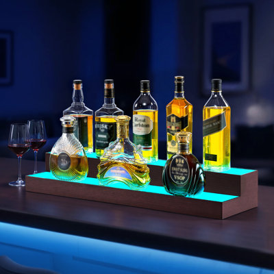 LED Lighted Liquor Bottle Display, 2-Tier Whiskey Rack, Support USB, Illuminated Home Bar Shelf with RF Remote & App Control, 7 Static Colors, Acrylic by Wrought Studio