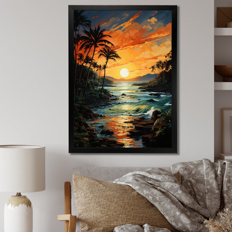 «Giolla Palm Trees Tropical Pointillism VII», reproduction sur toile, H 32 po x l 16 po x P 1 po, Cadre noir