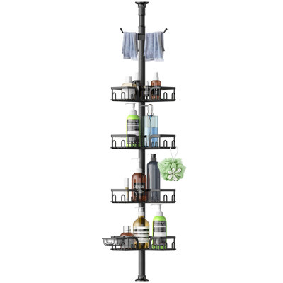 Black Stainless Steel Tension Pole Shower Caddy with Towel Rack, Adjustable Corner Shower Shelf for Bathtub and Shower Single