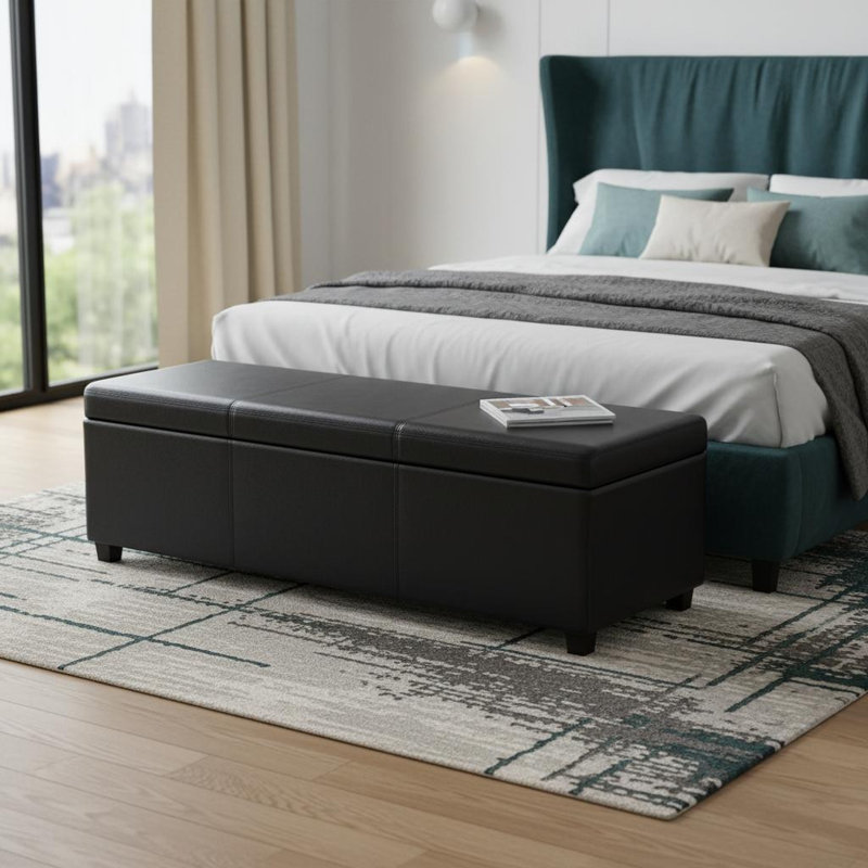  Banc de rangement rembourré en similicuir noir de 54 pouces avec plateau rabattable, Black, Noir