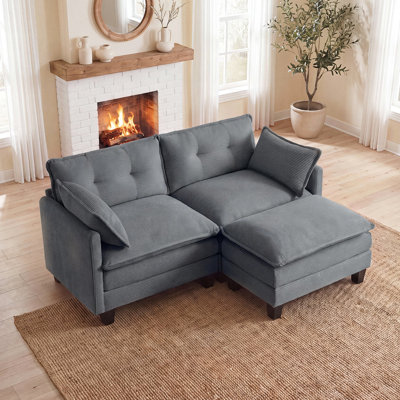 76.5" L-Shaped Modular Sectional Sofa, Deep Seat Corduroy Couch with Movable Ottomans, Grey