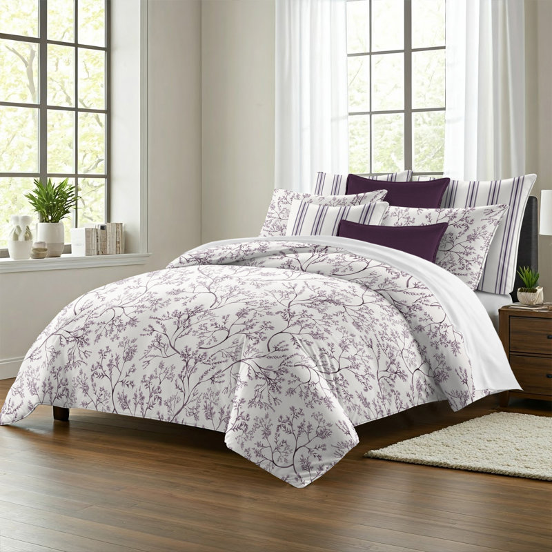 Tinsley Plum Cotton Duvet Cover Set, King Duvet Cover + 7 Additional Pieces