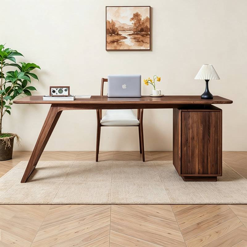 Modern Rectangular Black Walnut Solid Wood Desk, 29.53" H x 78.74" W x 33.46" D