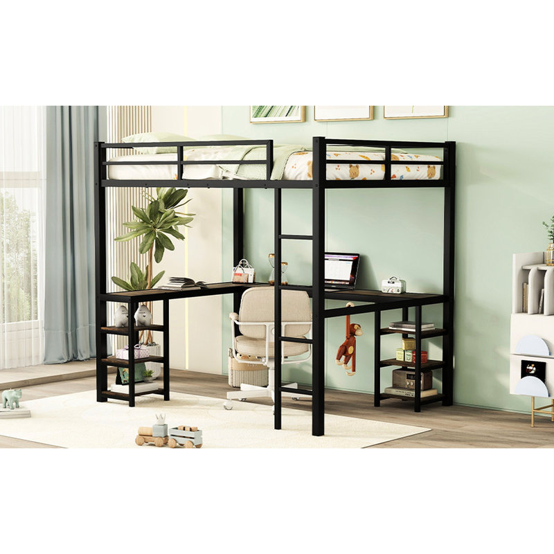 Lit mezzanine en métal noir avec bureau de chambre à coucher intelligent et structure sécurisée