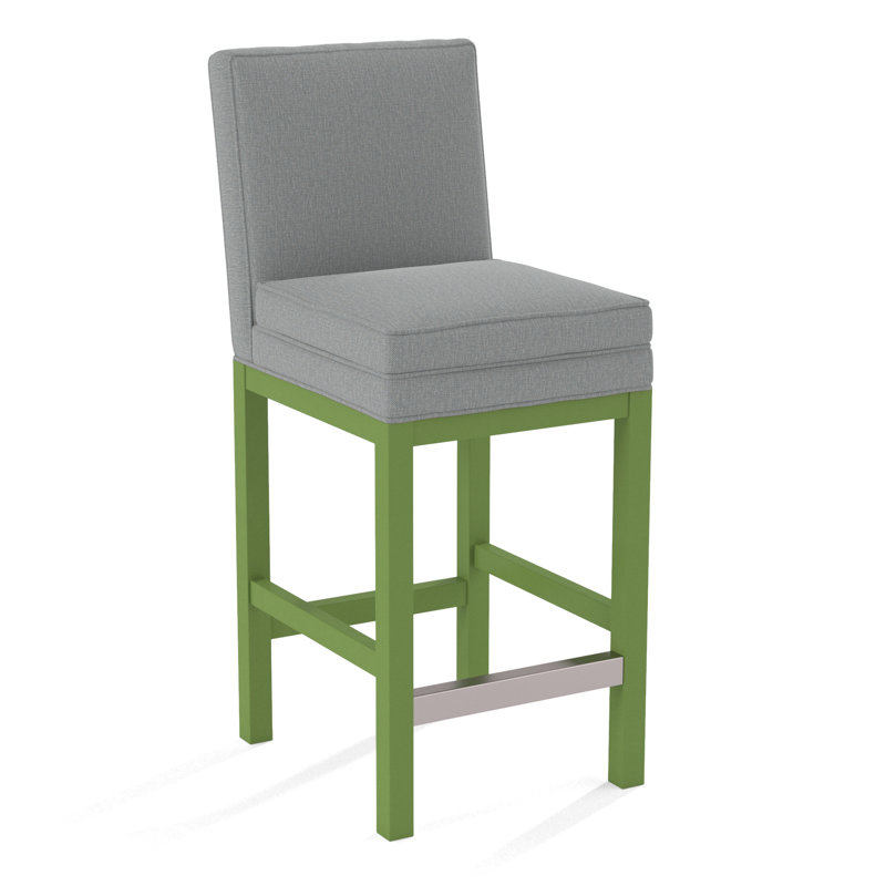 Upholstered Stool, Honey Finish, Light Blue Performance Fabric; 0851-55