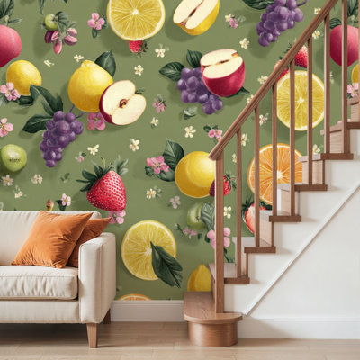 Papier peint adhésif pelez et collez, pommes, bananes, kiwis, raisins, oranges, fraises, citrons, art mural