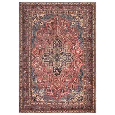 Washable Non-Slip Rug - Red/Teal Blue/Yellow Traditional Medallion Area Rug for Living Room, Bedroom, Dining Room, and Kitchen
