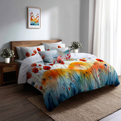 Red Poppies in Mountain Meadows 5 Pcs Bedding Set - Colorful Duvet With Shams And Throw Pillows