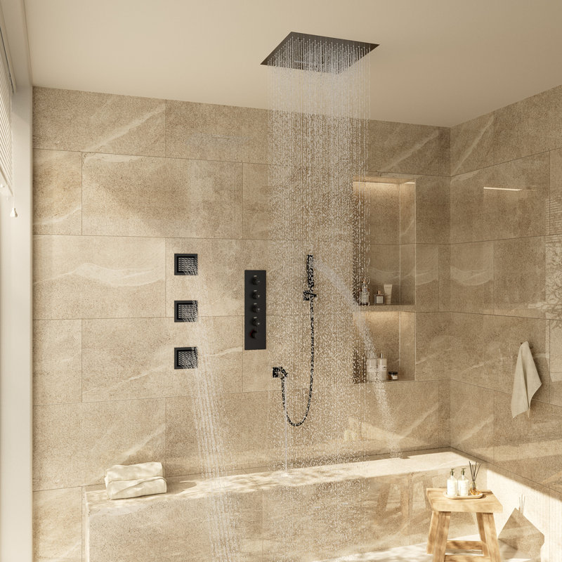 Système de douche thermostatique complet 16 "à 4 fonctions avec DEL et musique Bluetooth, Noir mat