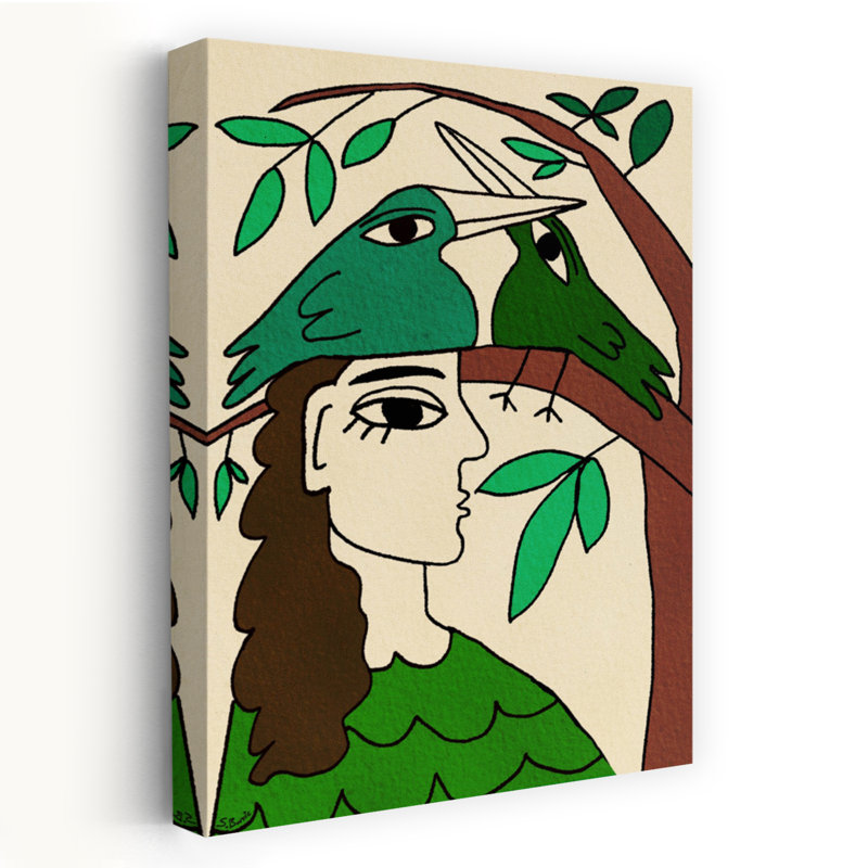 Femme avec des oiseaux verts - Affiche murale moderne, organique et paisible représentant un arbre et la nature