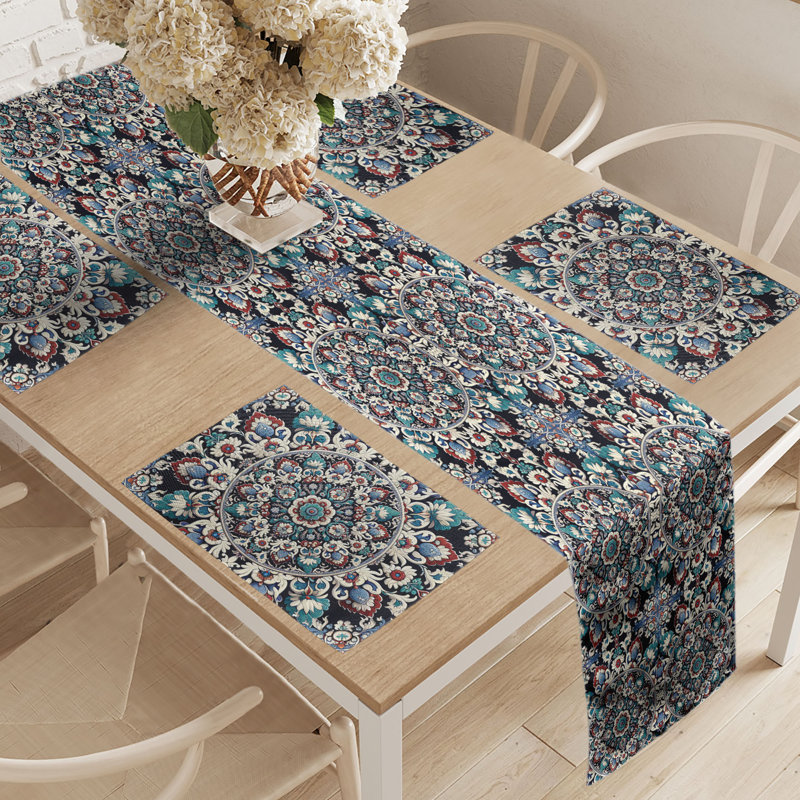 Ambesonne Oriental Floral Table Runner & Placemats Placemat 4 pcs + Runner 12"x72" Lavender Ruby, 90" x 12"